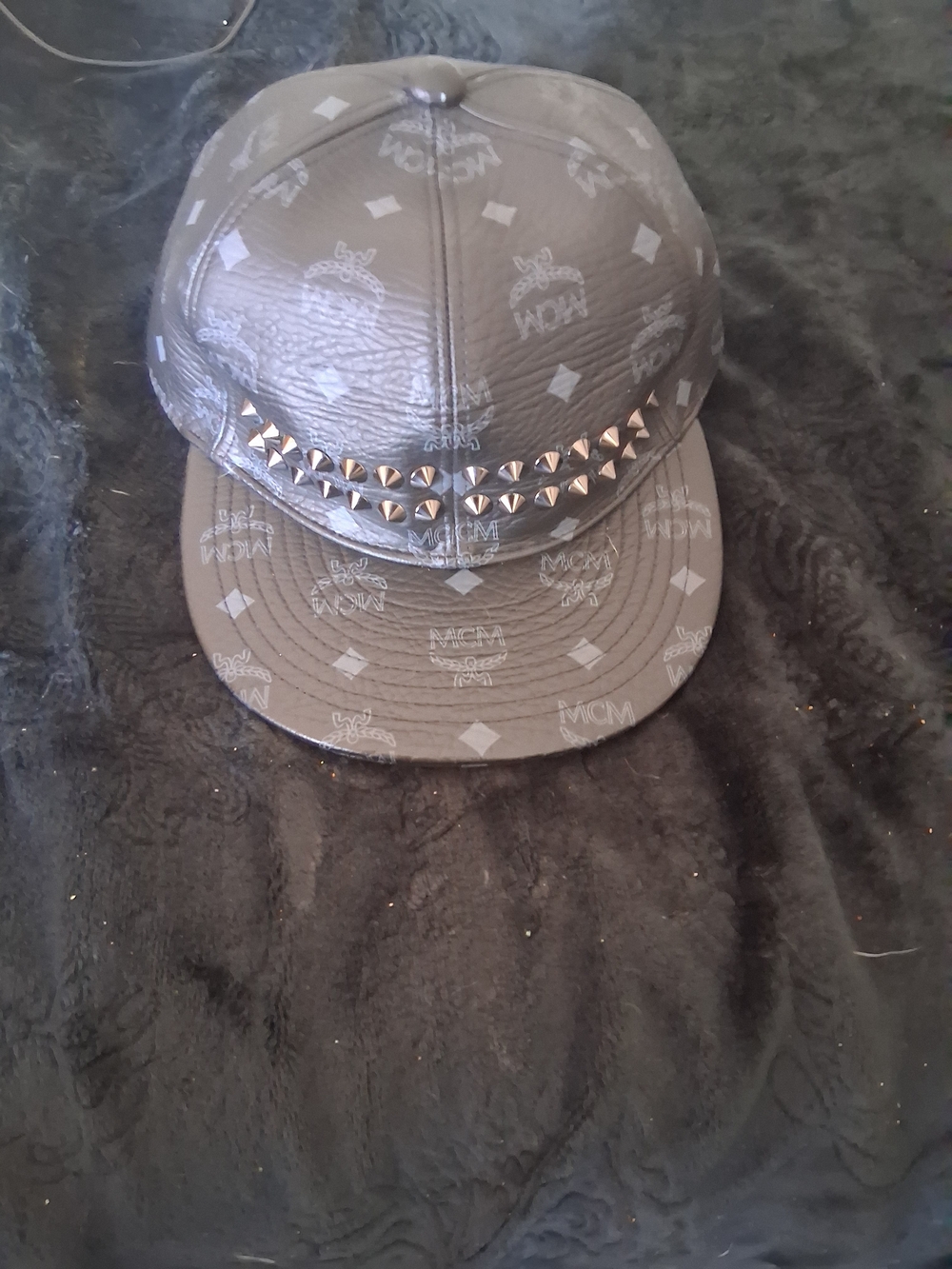 MCM Studded Logo Leather Cap in Taupe